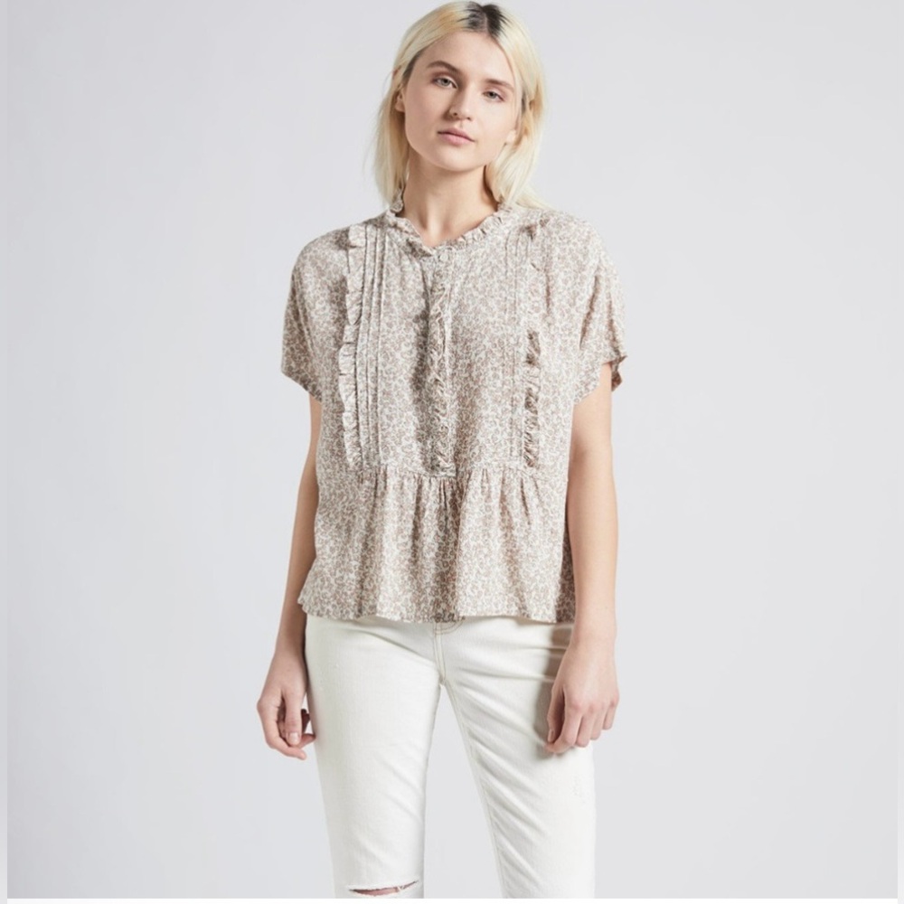 Current/Elliott The Harbor Short Sleeve Ruffle Floral Boho Rayon Top